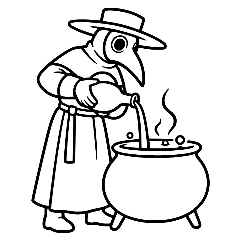 Plague Doctor Pouring Flask into Steaming Cauldron — free characters SVG cut file