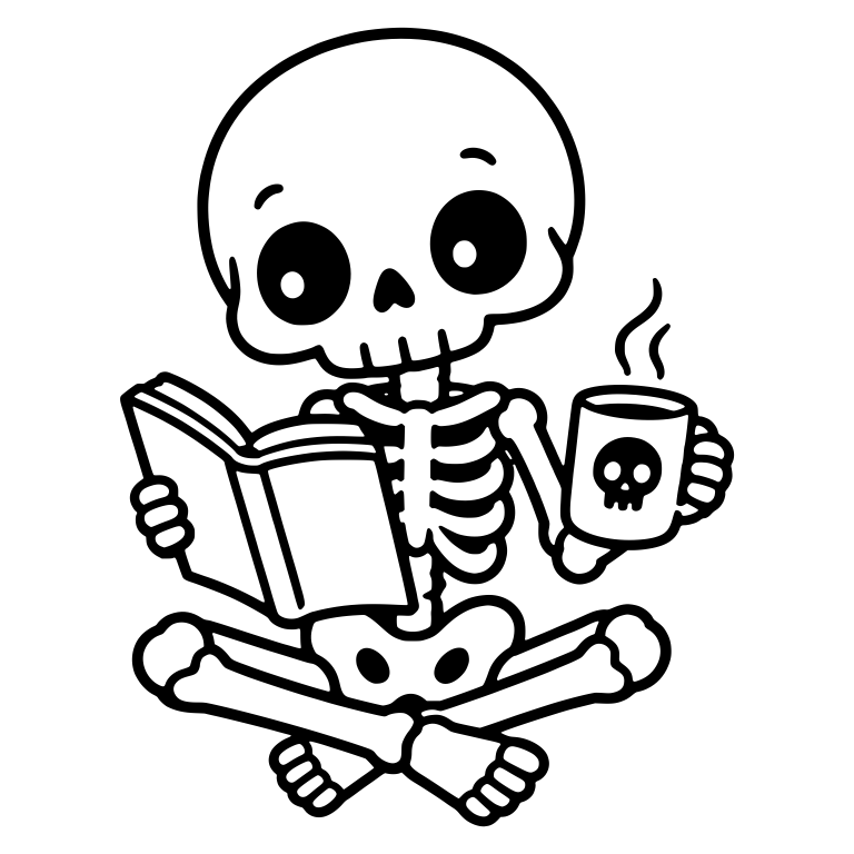 Kawaii Skeleton Reading a Book with Skull Coffee Mug — free skeleton SVG cut file