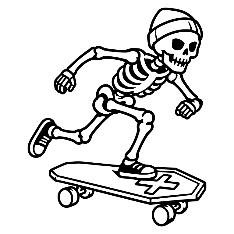 Beanie Skeleton Racing on Coffin Skateboard — free skeleton SVG cut file