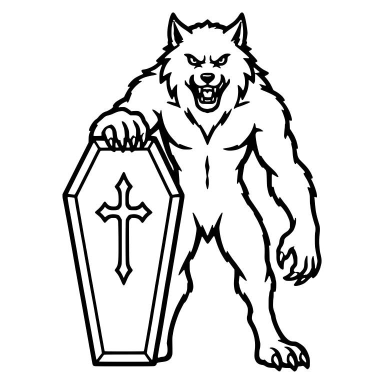 Werewolf Leaning on an Upright Coffin with a Cross — free fantasy-creature SVG cut file