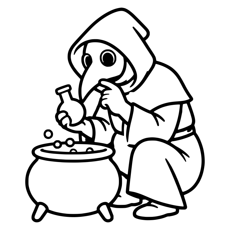 Crouching Plague Doctor with Flask Beside Cauldron — free characters SVG cut file