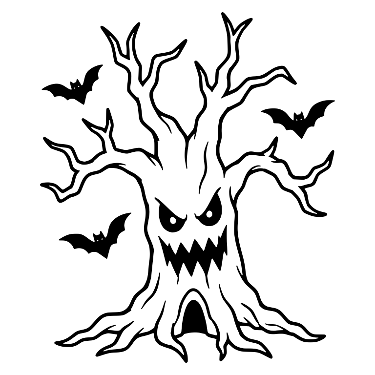 Snarling Haunted Tree with Three Flying Bats — free floral SVG cut file