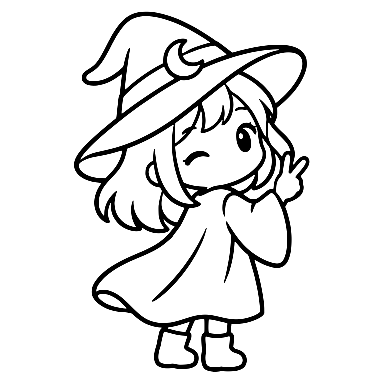 Witch Glancing Back With Crescent Moon Hat And Peace Sign — free characters SVG cut file
