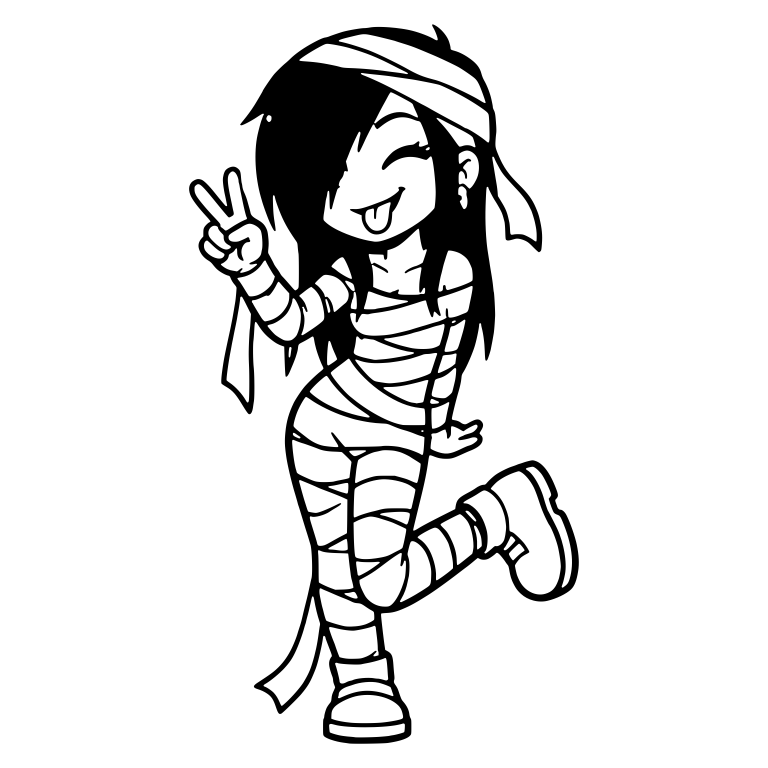 Winking Emo Girl in Mummy Wraps with Peace Sign — free characters SVG cut file