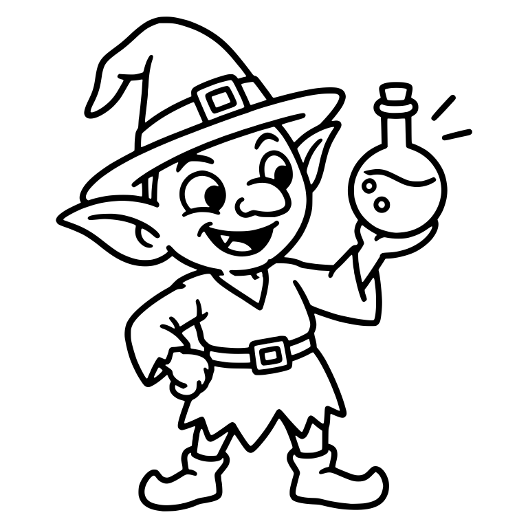 Witch Hat Goblin Holding Up a Bubbling Potion Flask — free fantasy-creature SVG cut file
