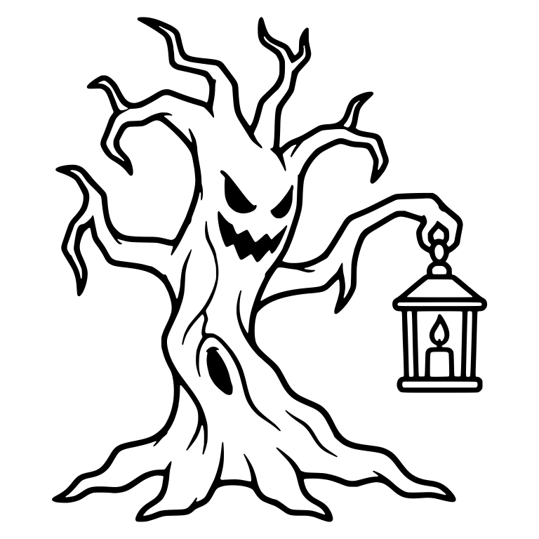 Toothy Grinning Tree Holding Lantern on Right Branch — free fantasy-creature SVG cut file