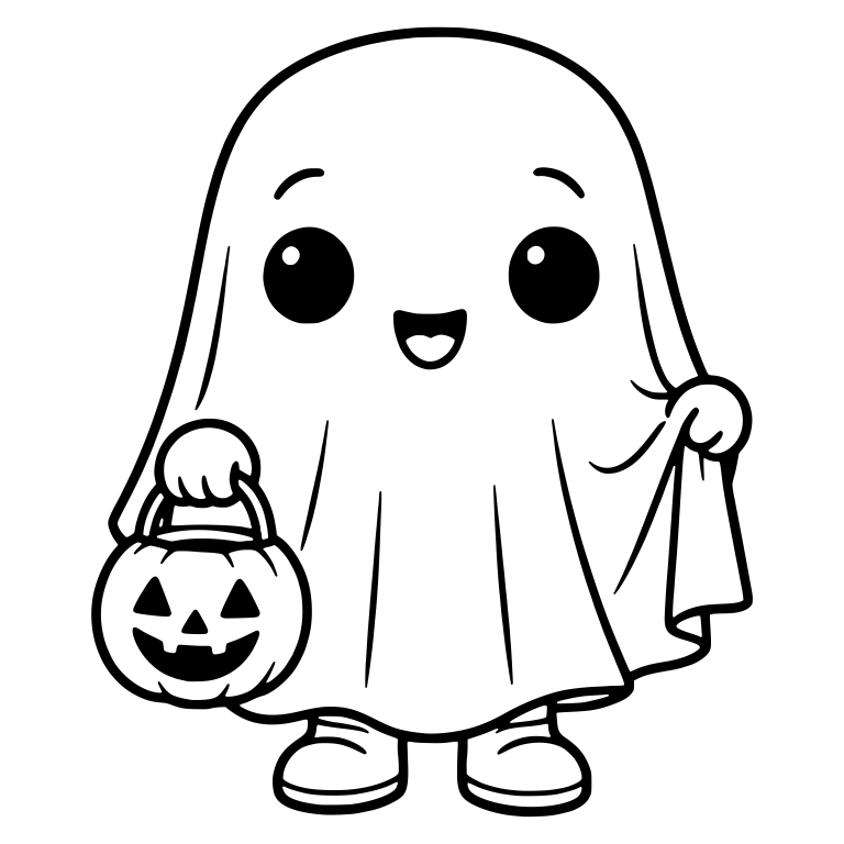 Happy Sheet Ghost Holding Jack-o'-Lantern Pail — free fantasy-creature SVG cut file