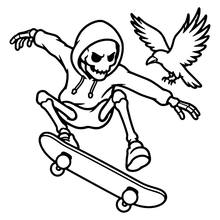 Hooded Skeleton Skateboarder With Flying Raven — free skeleton SVG cut file