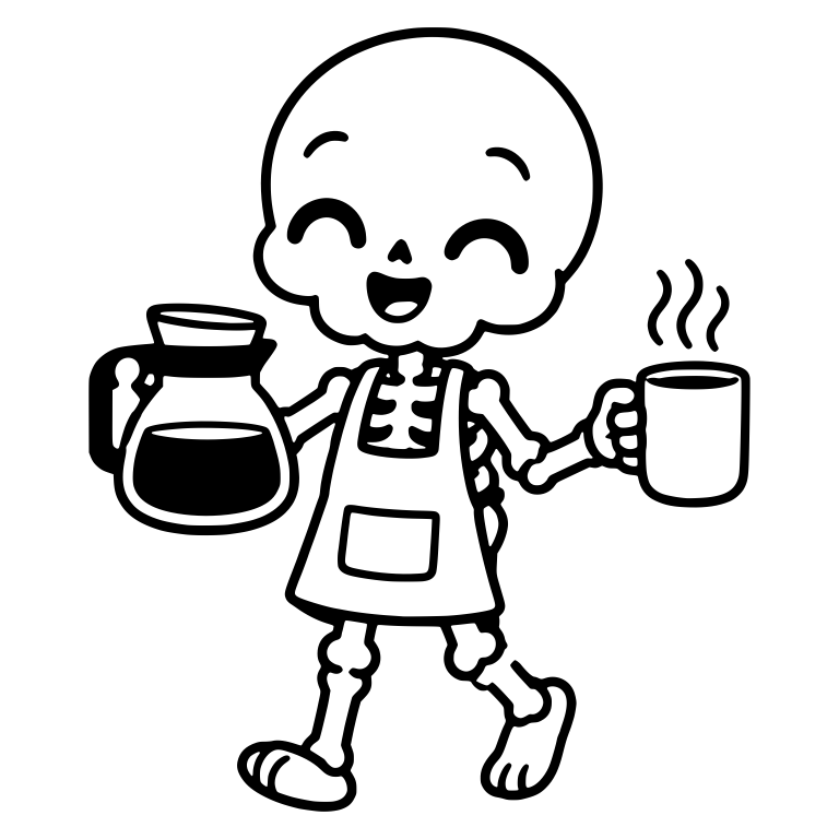 Kawaii Skeleton Server with Coffee Pot and Steaming Mug — free skeleton SVG cut file
