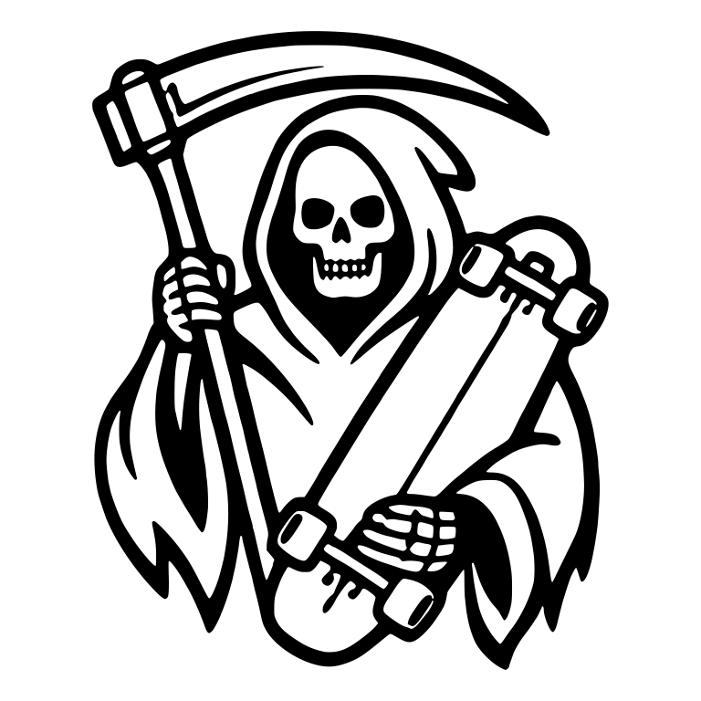 Grim Reaper Hugging Skateboard with Scythe — free characters SVG cut file
