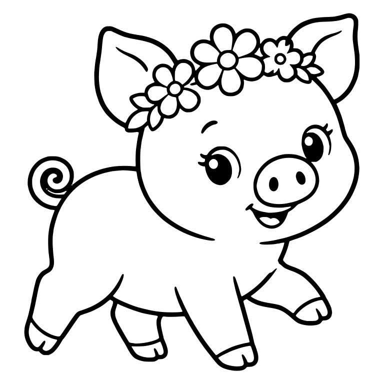 Happy Flower Crown Piglet Trotting With Curly Tail — free animal SVG cut file