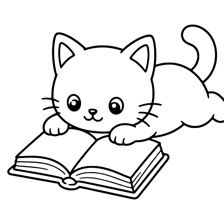 Kawaii Cat Lying on Its Belly Reading an Open Book — free animal SVG cut file