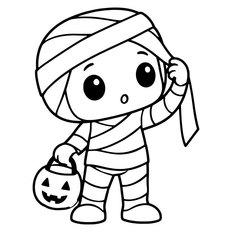 Surprised Mummy Kid Lifting Head Wrap With Pumpkin Pail — free characters SVG cut file