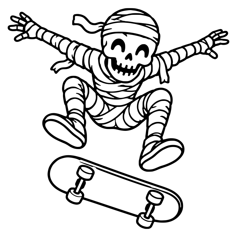 Laughing Mummy Skeleton Jumping Over Flipped Skateboard — free skeleton SVG cut file