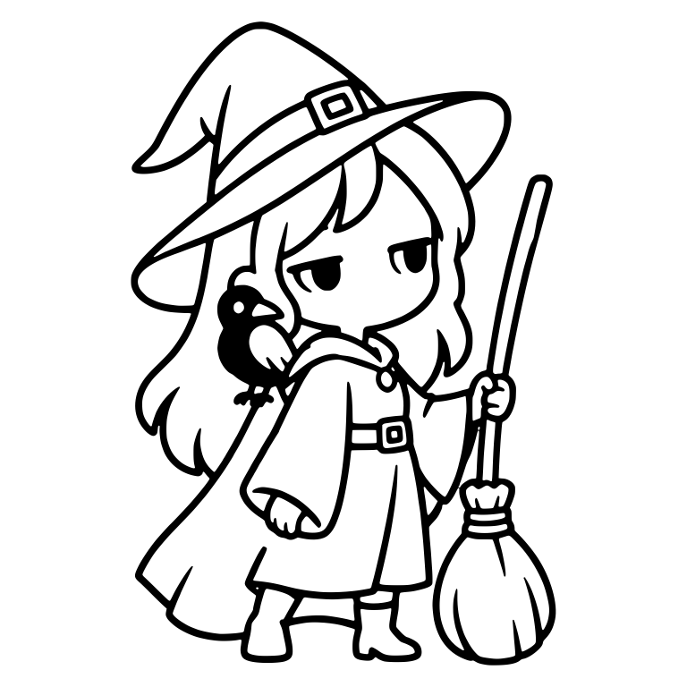 Bored Witch with Broom and Crow on Shoulder — free characters SVG cut file