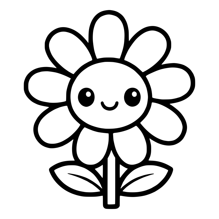 Smiling Kawaii Daisy With Broad Petals and Two Leaves — free floral SVG cut file