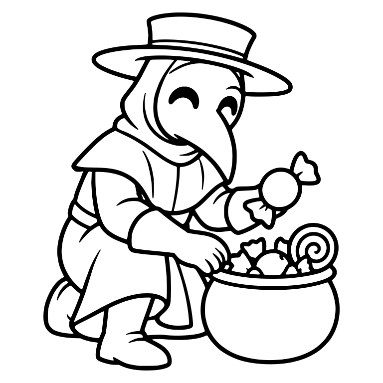 Plague Doctor Crouching To Grab Candy From A Cauldron — free characters SVG cut file