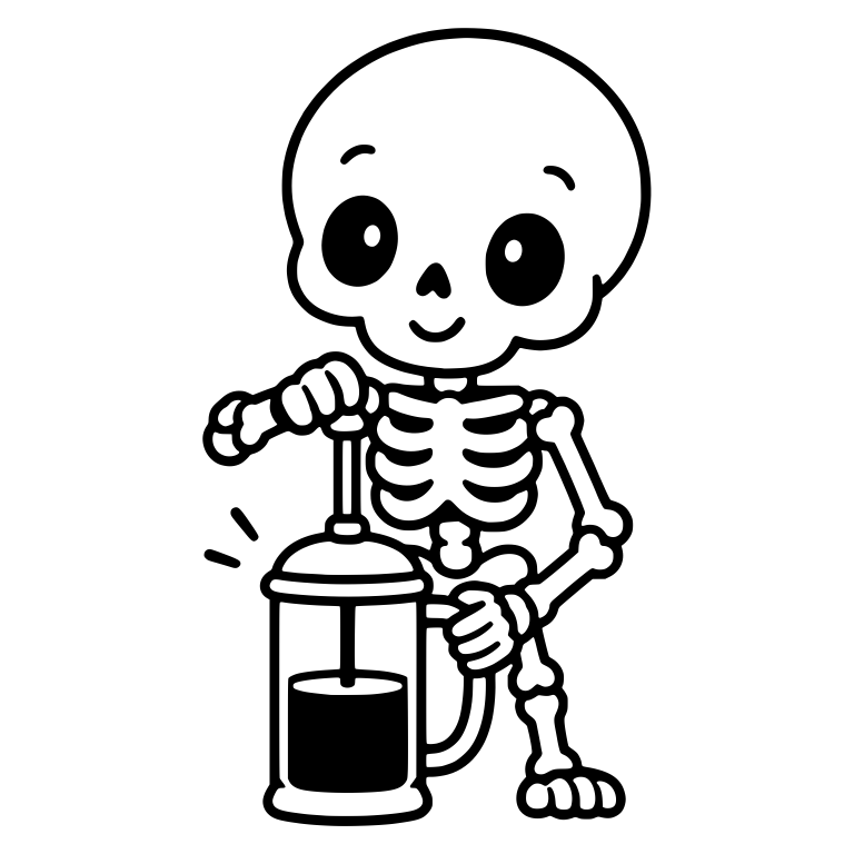 Smiling Skeleton Pressing a French Press Coffee Maker — free skeleton SVG cut file