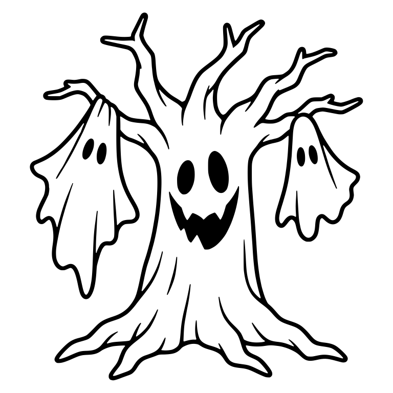 Grinning Tree with Two Ghost Sheets on Its Branches — free floral SVG cut file