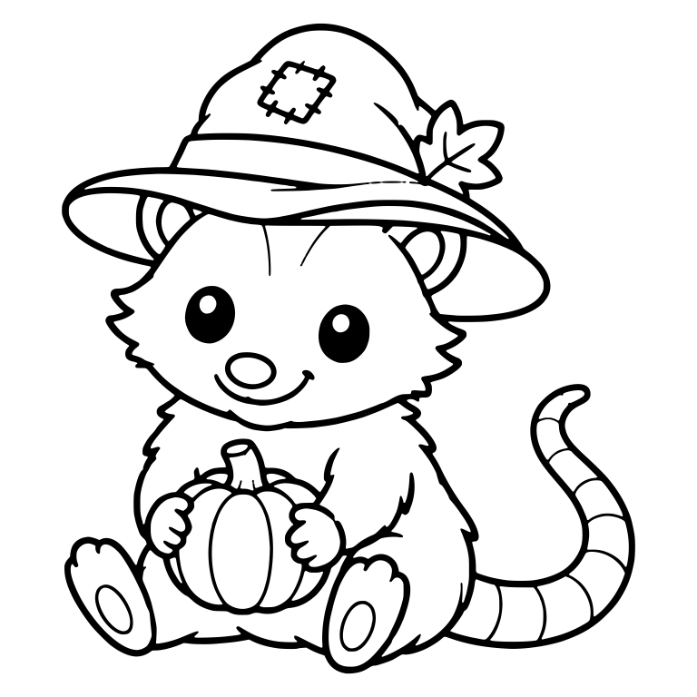 Opossum in Patched Pointed Hat Holding a Pumpkin — free animal SVG cut file