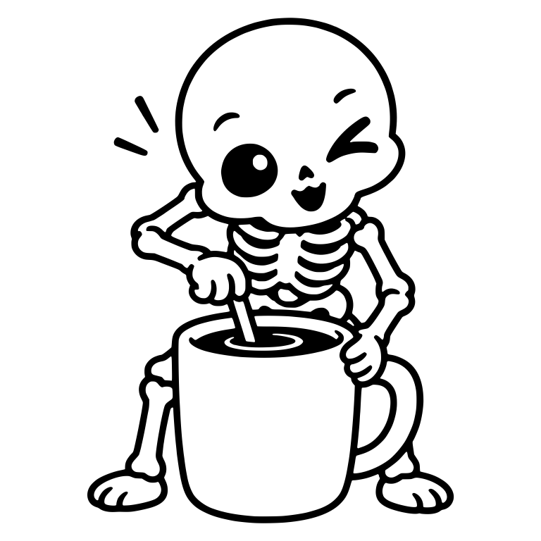 Winking Skeleton Stirring a Giant Mug of Coffee — free skeleton SVG cut file