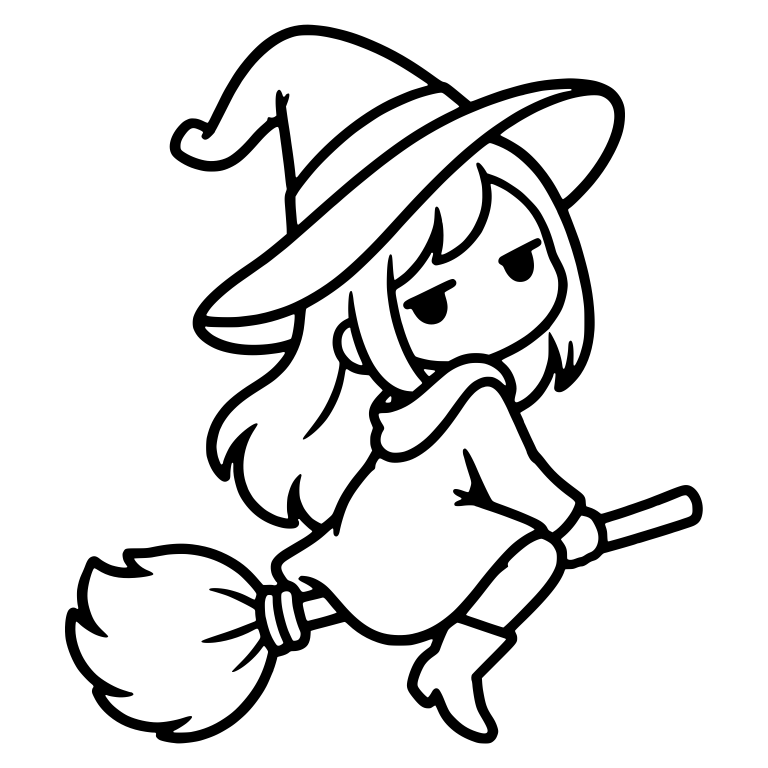 Bored Witch Sitting Sideways on Broom, Curled Hat Tip — free characters SVG cut file