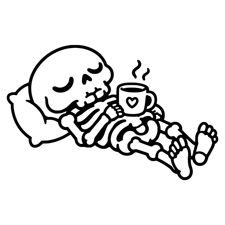 Sleeping Skeleton on a Pillow with Heart Coffee Mug — free skeleton SVG cut file