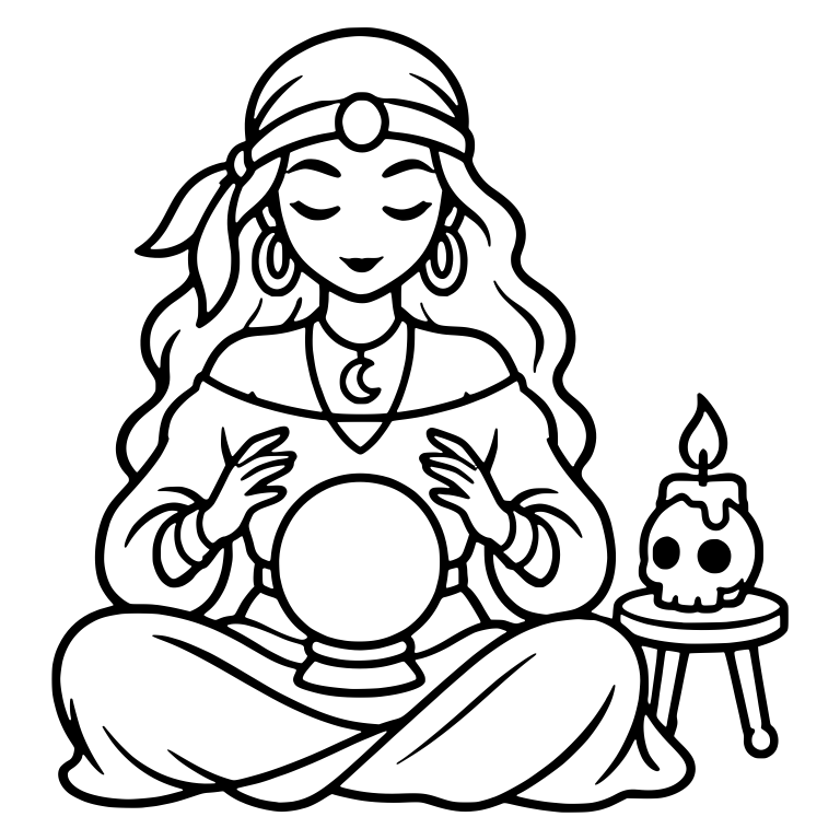 Seated Fortune Teller with Crystal Ball and Skull Candle — free characters SVG cut file