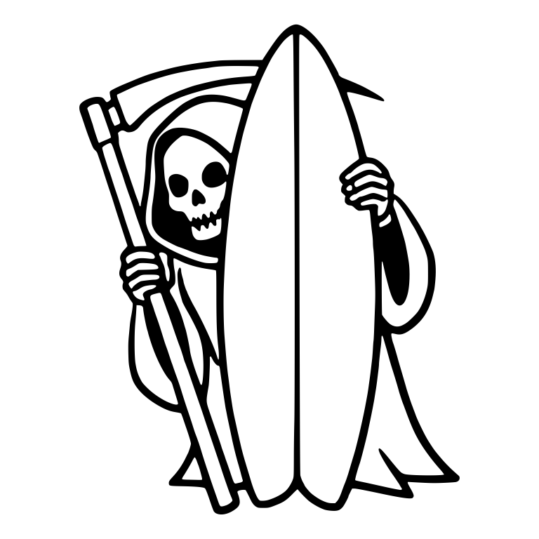 Grim Reaper Peeking Behind a Surfboard with Scythe — free characters SVG cut file