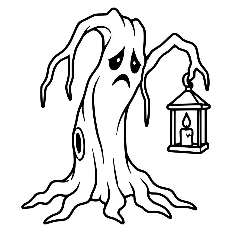 Frowning Weeping Tree with Hanging Lantern on Right — free fantasy-creature SVG cut file