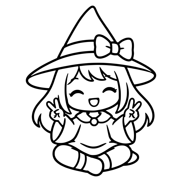 Cross-Legged Witch With Bow Hat And Double Peace Signs — free characters SVG cut file