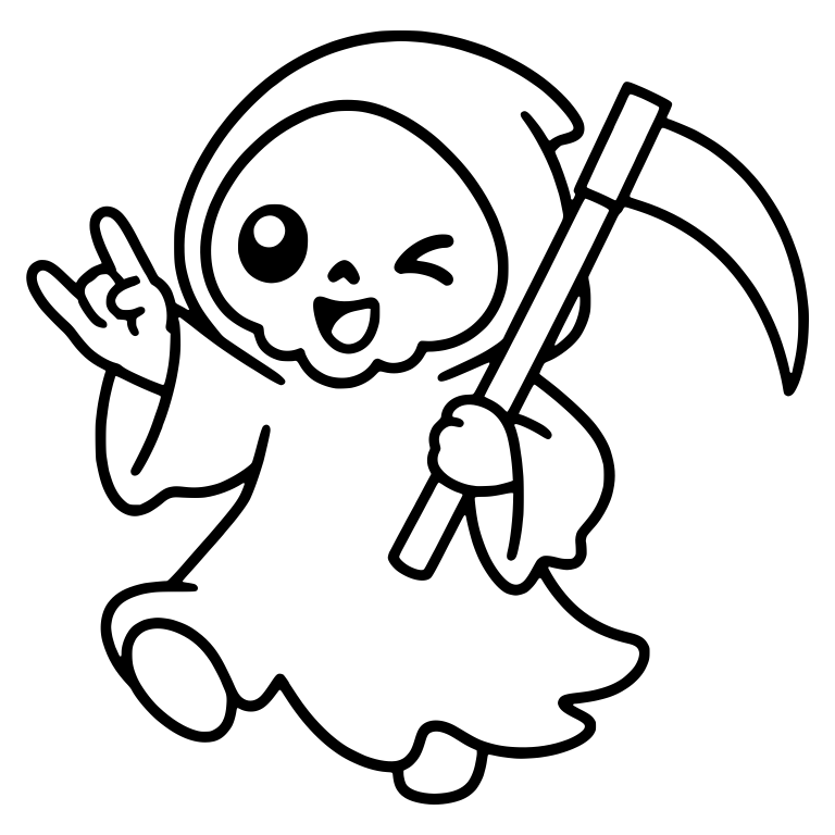 Winking Kawaii Grim Reaper With Scythe Making Rock Sign — free characters SVG cut file