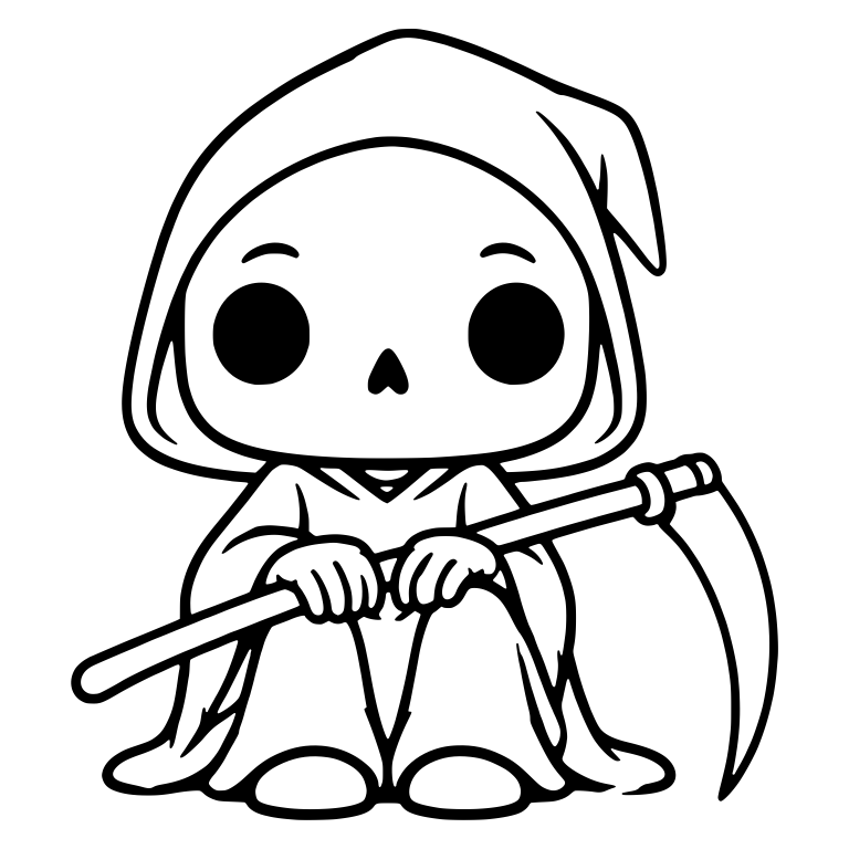Sitting Chibi Grim Reaper with Scythe Across Its Knees — free characters SVG cut file
