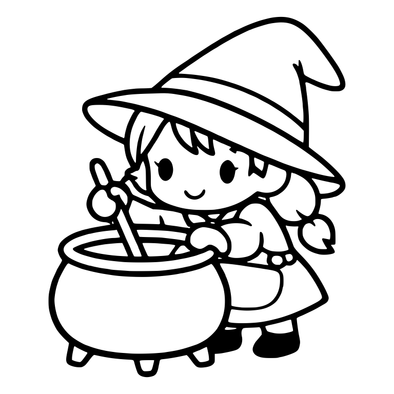 Little Witch Girl Stirring Cauldron with Spoon — free characters SVG cut file