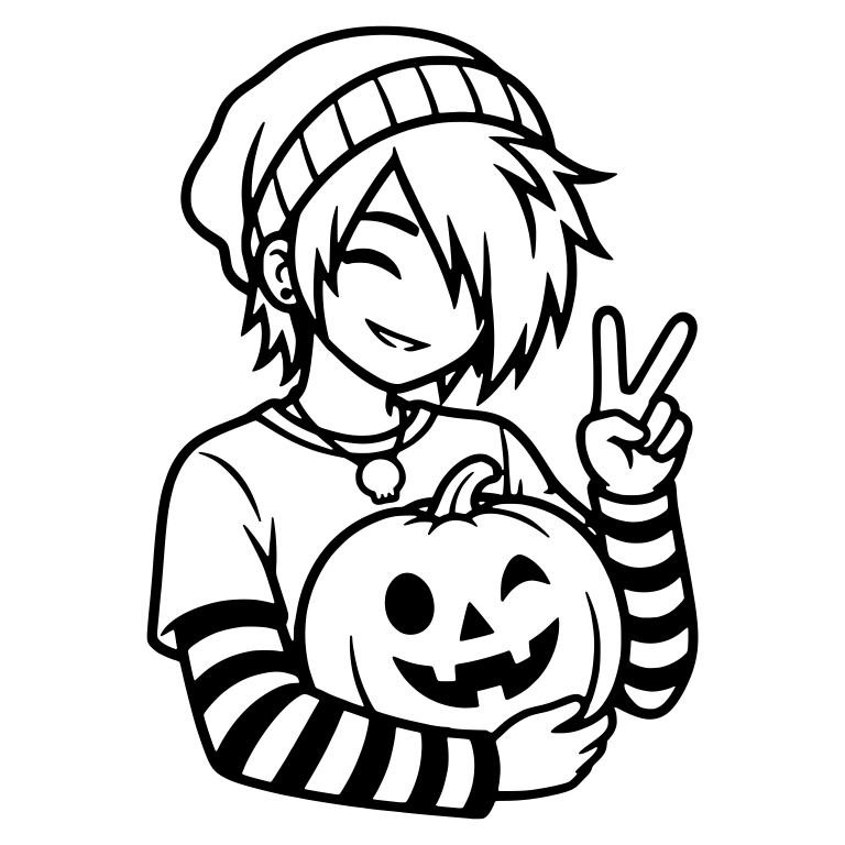 Smiling Emo Boy With Peace Sign and Winking Pumpkin — free characters SVG cut file