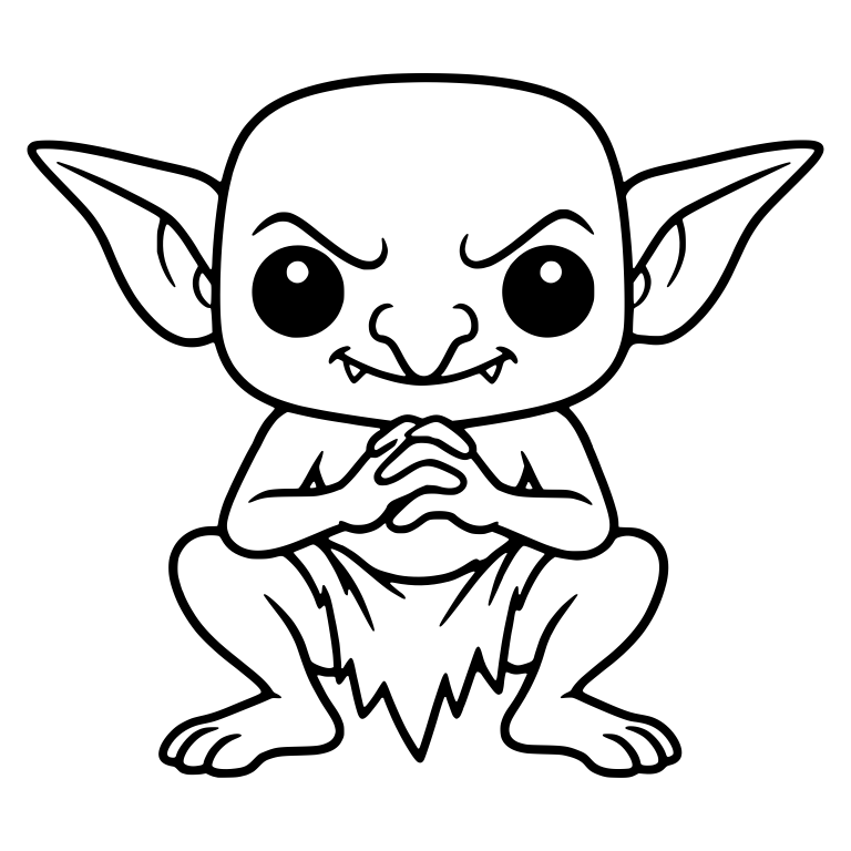 Sly Goblin Squatting With Clasped Hands and Fanged Grin — free fantasy-creature SVG cut file
