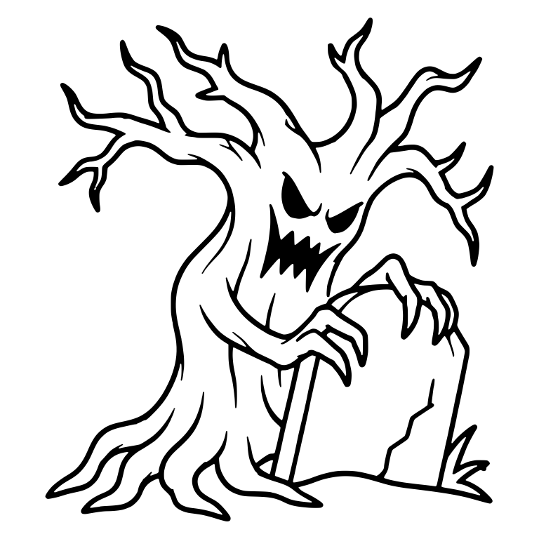 Leaning Angry Tree with Clawed Hand on Tombstone — free floral SVG cut file