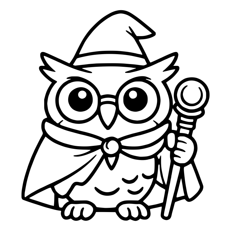 Owl Wizard with Cape Brooch and Moon Staff — free animal SVG cut file