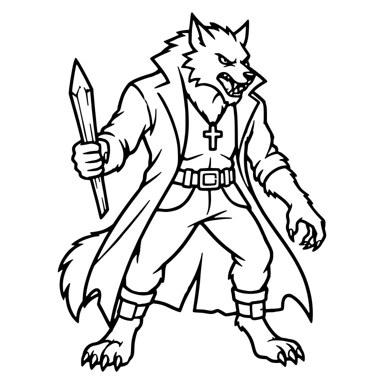 Werewolf In Long Coat Holding Wooden Stake And Cross — free fantasy-creature SVG cut file