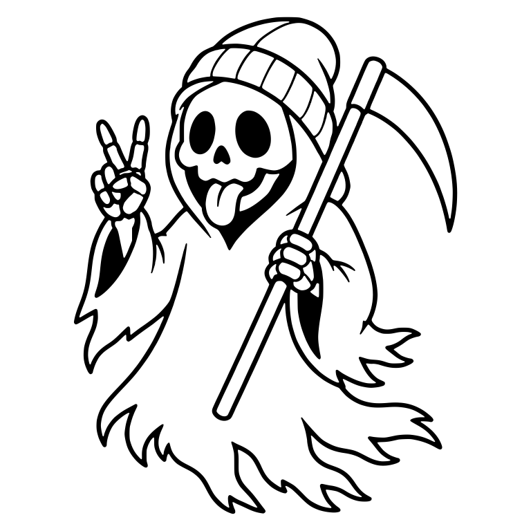 Tongue-Out Beanie Reaper Flashing Peace Sign With Scythe — free characters SVG cut file