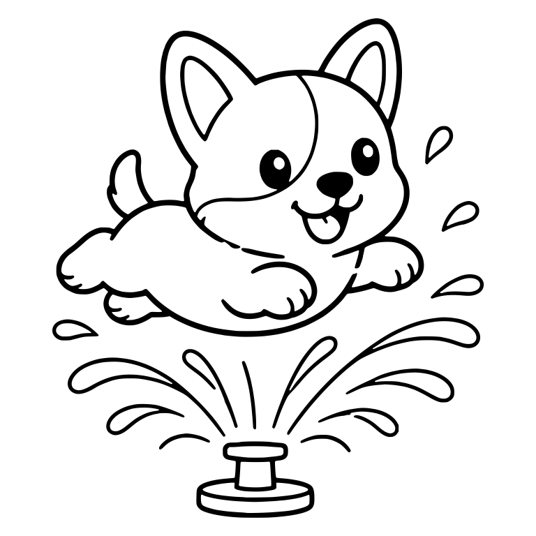 Corgi Puppy Flying Over Sprinkler Spray — free animal SVG cut file
