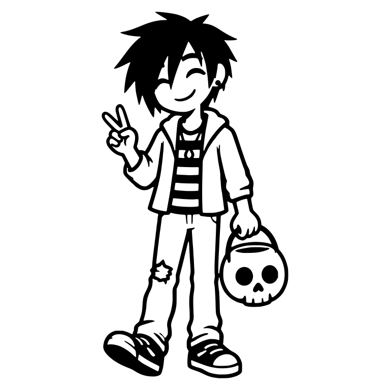 Smiling Emo Boy with Skull Candy Bucket and Peace Sign — free characters SVG cut file