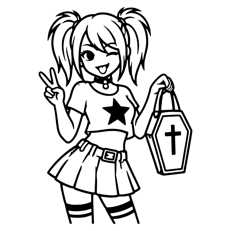 Pigtail Emo Girl Holding Coffin Purse with Peace Sign — free characters SVG cut file