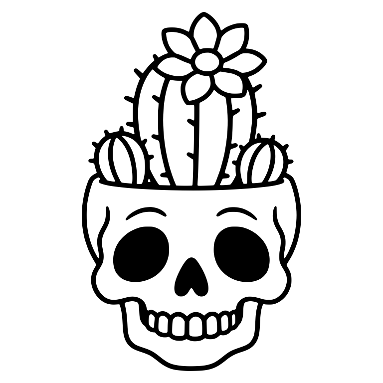 Skull Planter With Flowering Cactus And Two Small Cacti — free skeleton SVG cut file