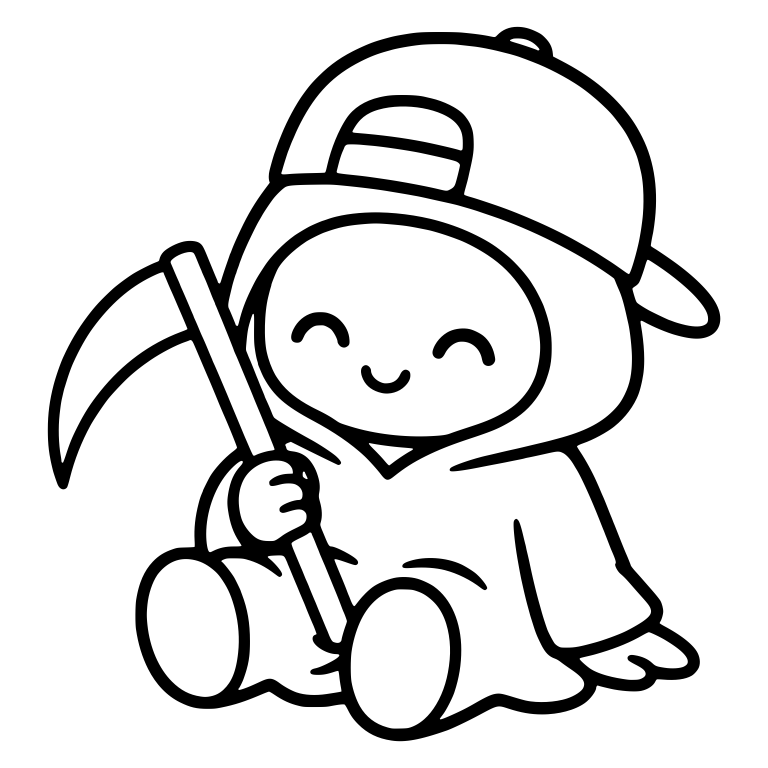Kawaii Sitting Grim Reaper In Backwards Cap Eyes Closed — free characters SVG cut file
