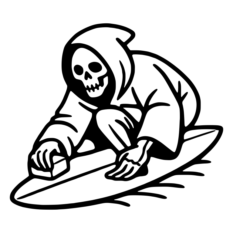 Crouching Reaper Rubbing Wax on Surfboard — free characters SVG cut file