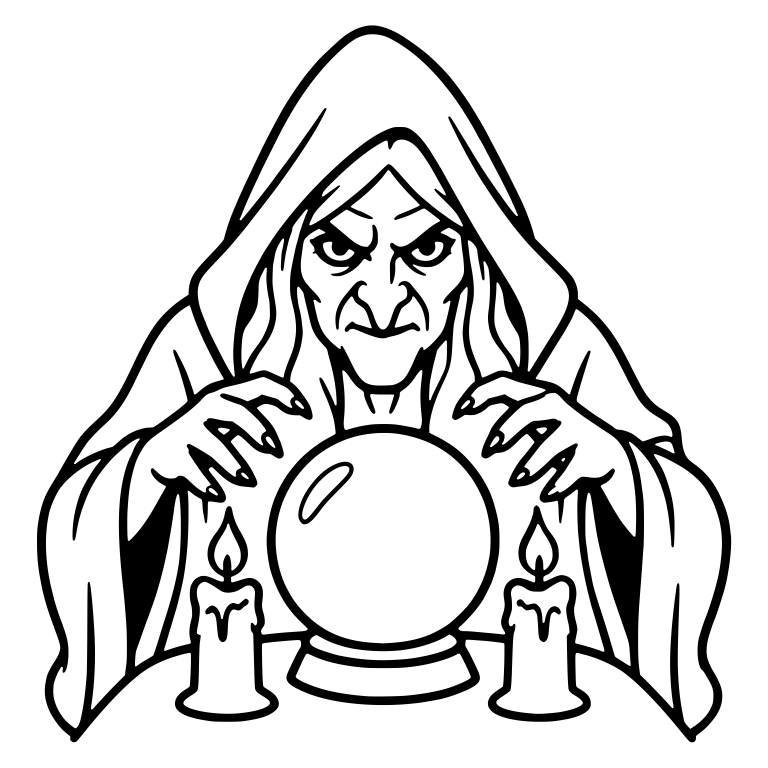 Scowling Old Crone With Crystal Ball and Two Candles — free characters SVG cut file