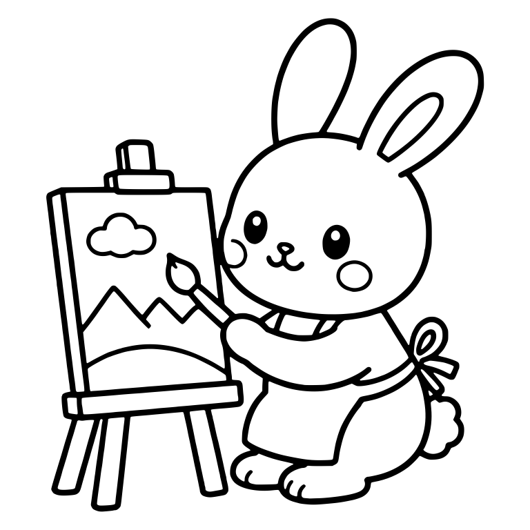 Kawaii Bunny Painting a Mountain Scene on an Easel — free animal SVG cut file