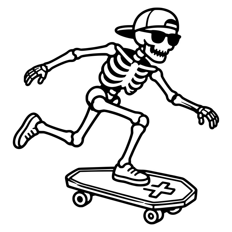 Cool Skeleton in Cap and Sunglasses on Coffin Board — free skeleton SVG cut file