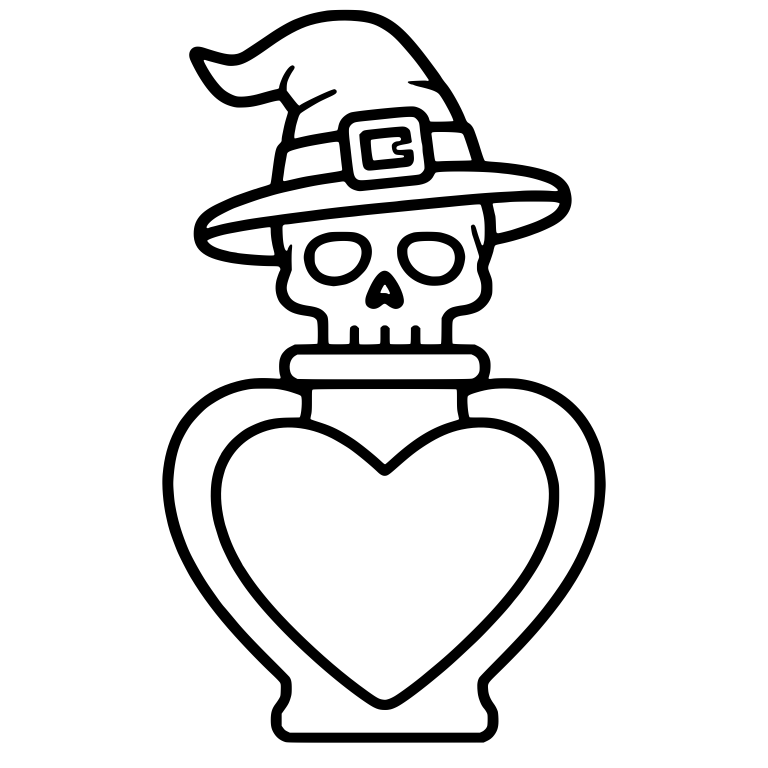 Skull in Witch Hat on Heart-Shaped Bottle — free objects SVG cut file